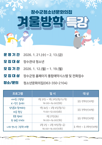 장수군, 청소년 눈높이에 맞춘 겨울방학 특강 운영