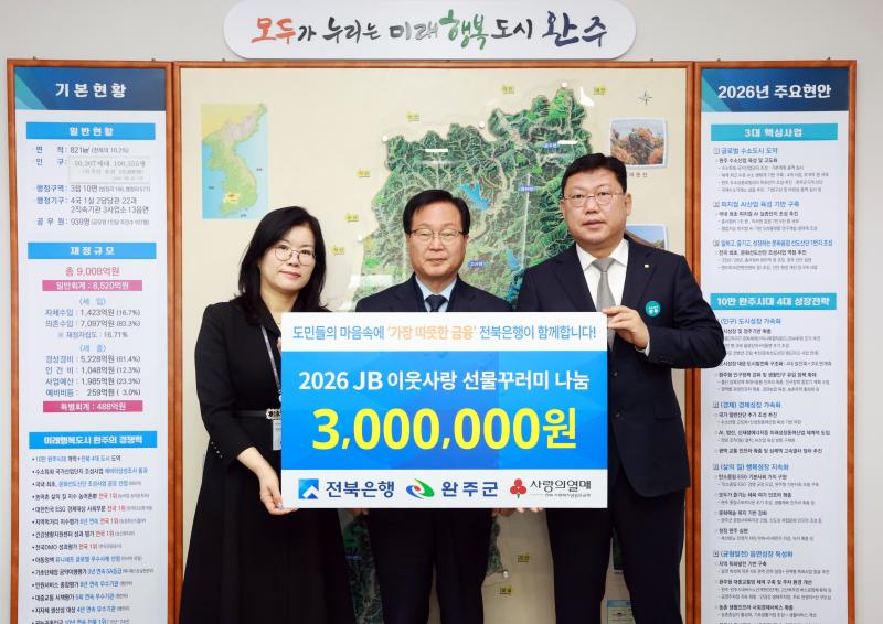 전북은행, 완주군에 ‘선물꾸러미’ 120세트 기탁